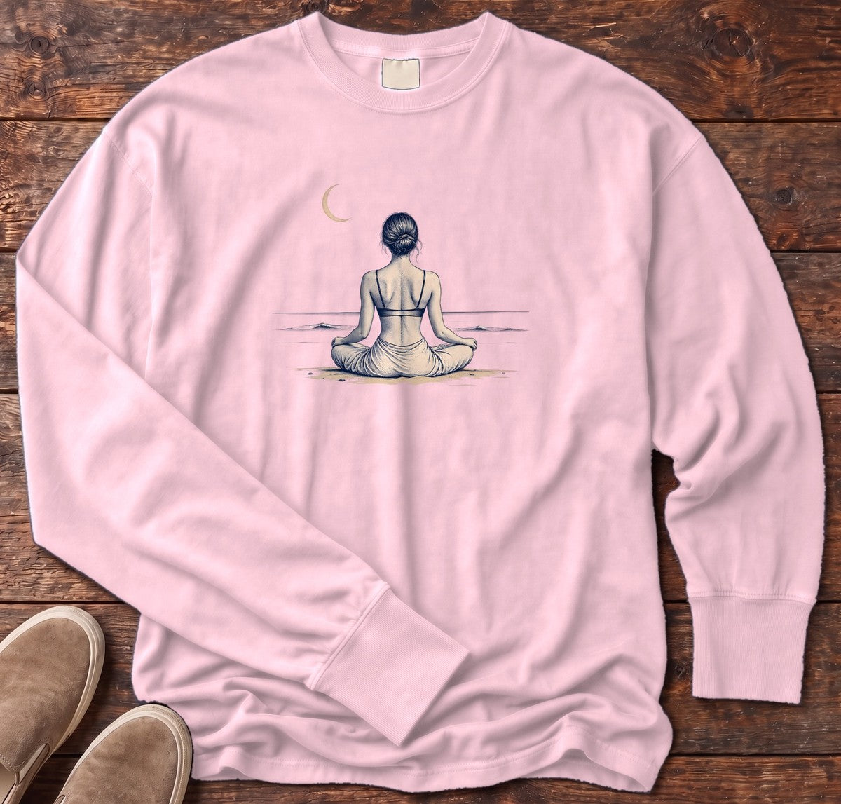 Moonlit Beach Meditation Long Sleeve Tee in Blossom, Salty Paws Comfort Colors Long Sleeve Tee, front design flat lay