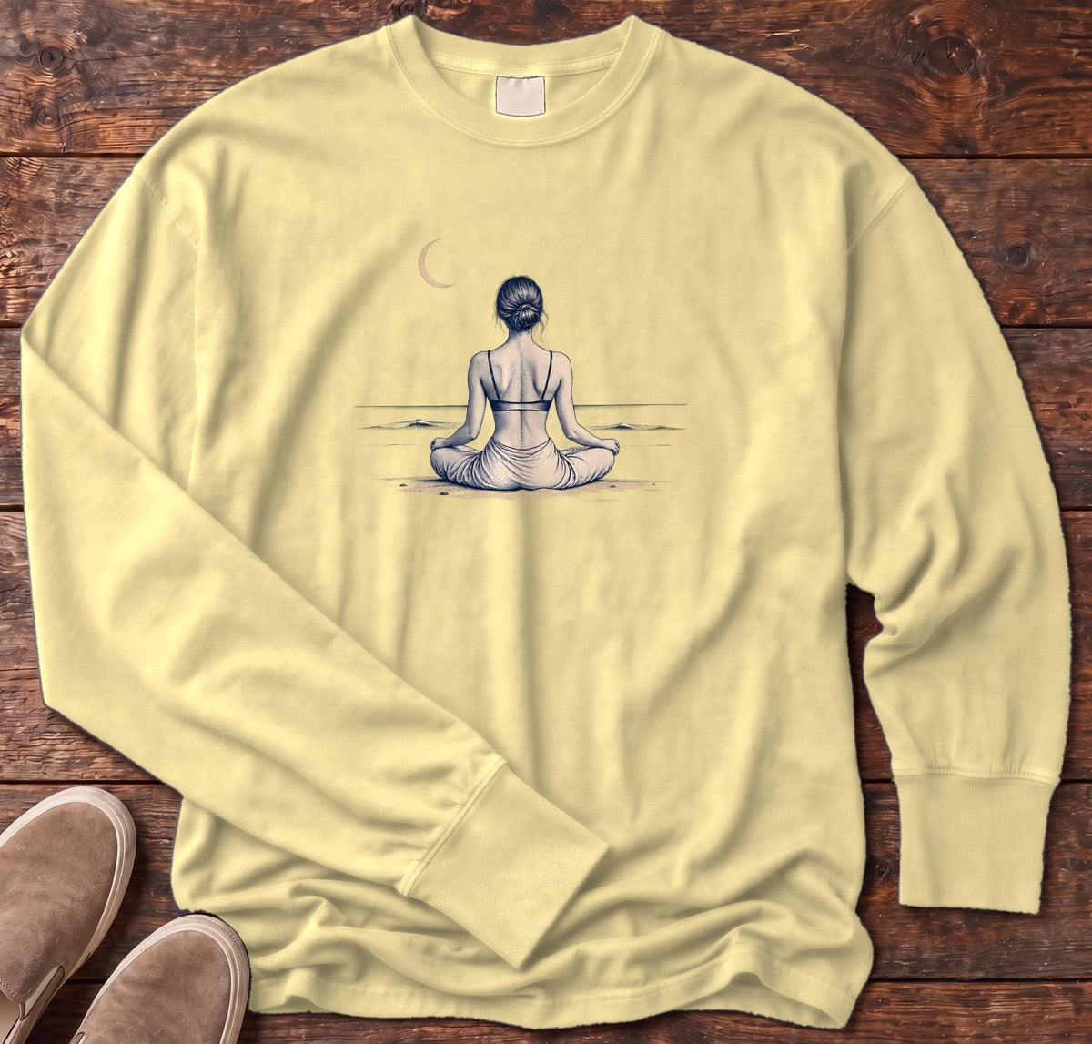 Moonlit Beach Meditation Long Sleeve Tee in Butter, Salty Paws Comfort Colors Long Sleeve Tee, front design flat lay
