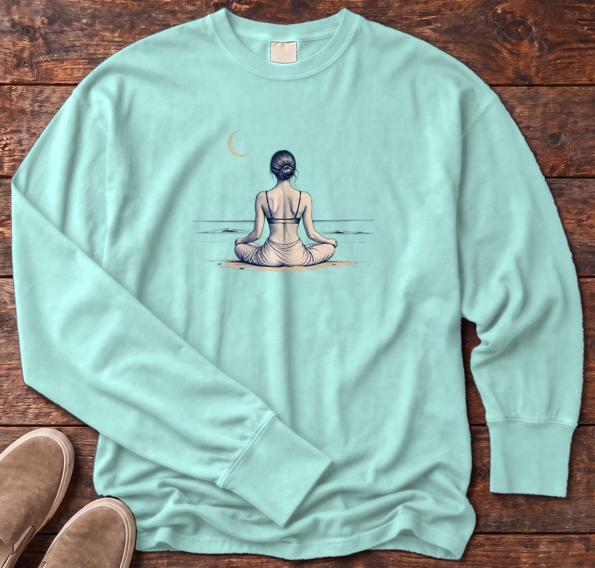Moonlit Beach Meditation Long Sleeve Tee in Chalky Mint, Salty Paws Comfort Colors Long Sleeve Tee, front design flat lay