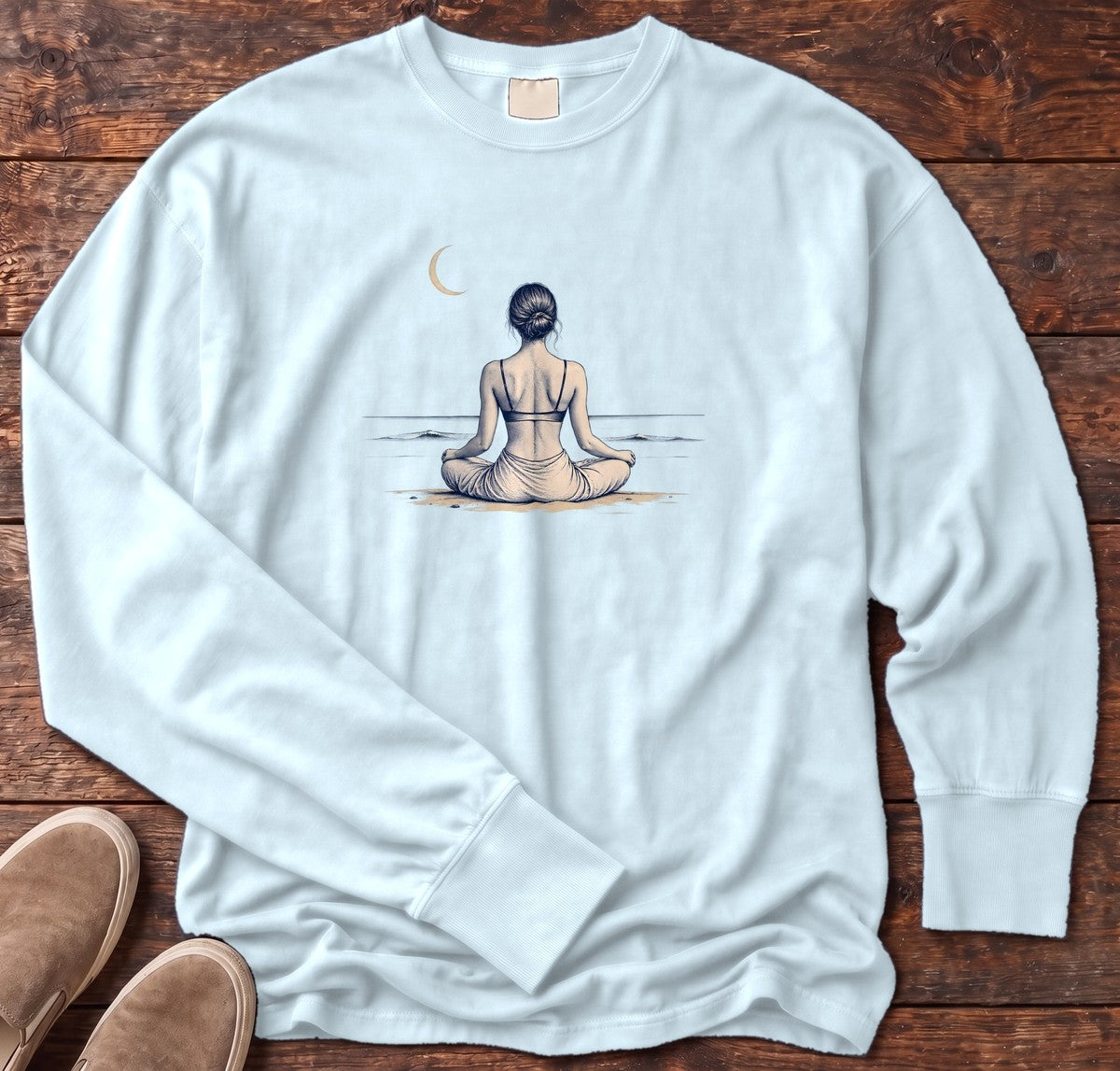 Moonlit Beach Meditation Long Sleeve Tee in Chambray, Salty Paws Comfort Colors Long Sleeve Tee, front design flat lay