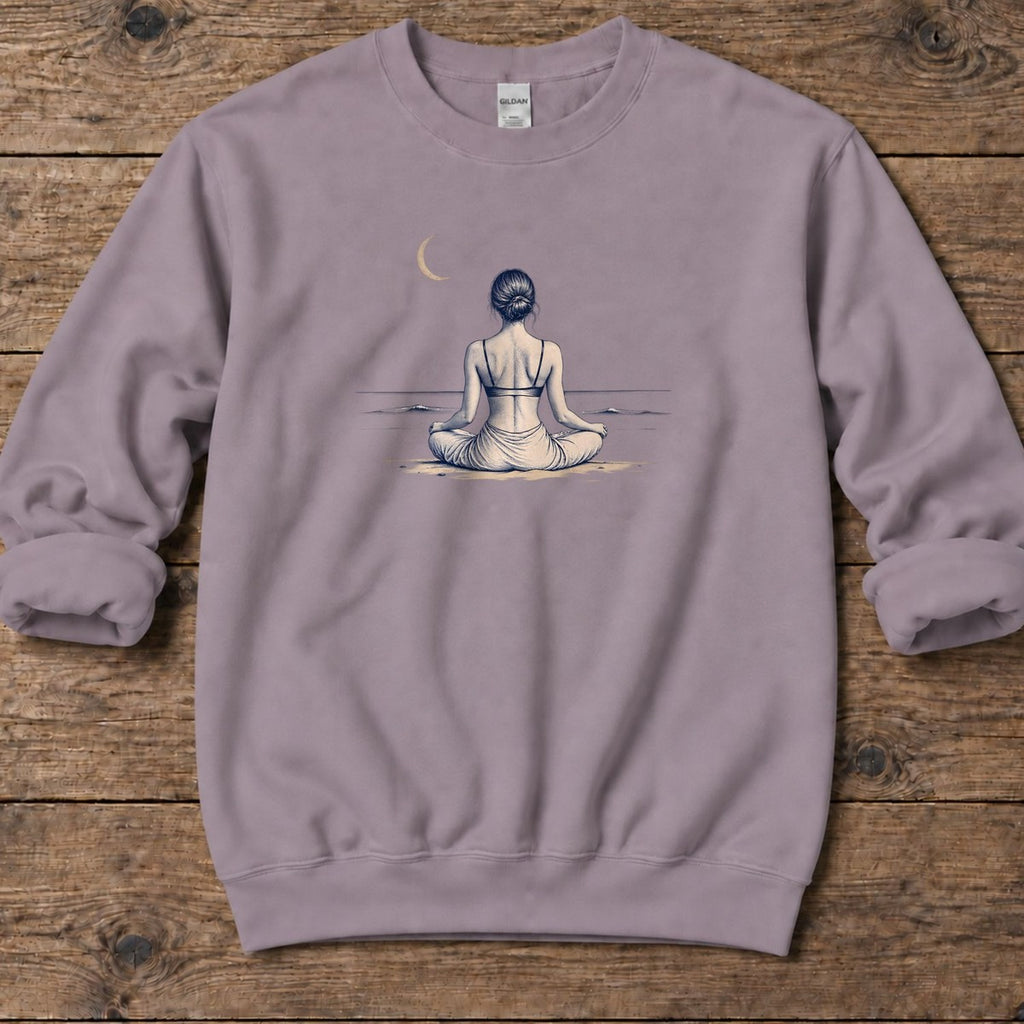 Moonlit Beach Meditation Midweight Sweatshirt in Paragon, Salty Paws Midweight Sweatshirt, front design flat lay