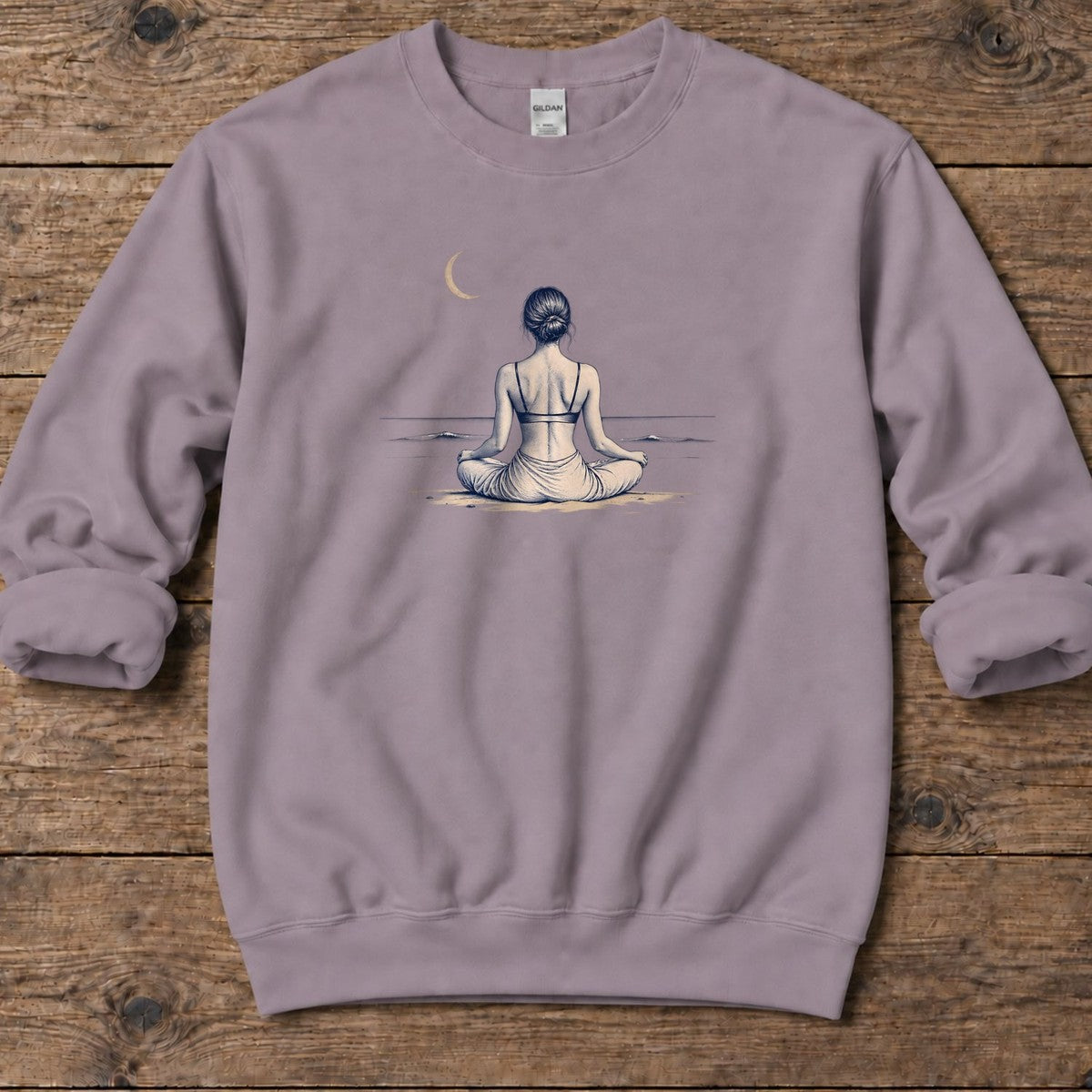 Moonlit Beach Meditation Midweight Sweatshirt in Paragon, Salty Paws Midweight Sweatshirt, front design flat lay
