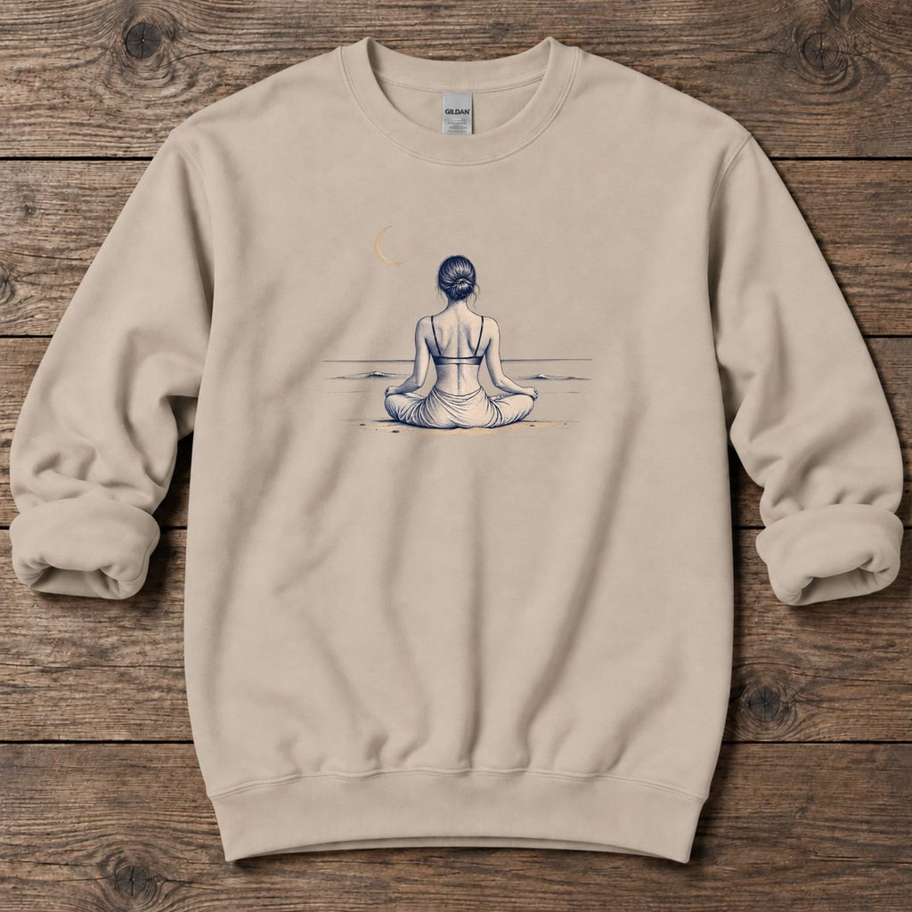 Moonlit Beach Meditation Midweight Sweatshirt in Sand, Salty Paws Midweight Sweatshirt, front design flat lay