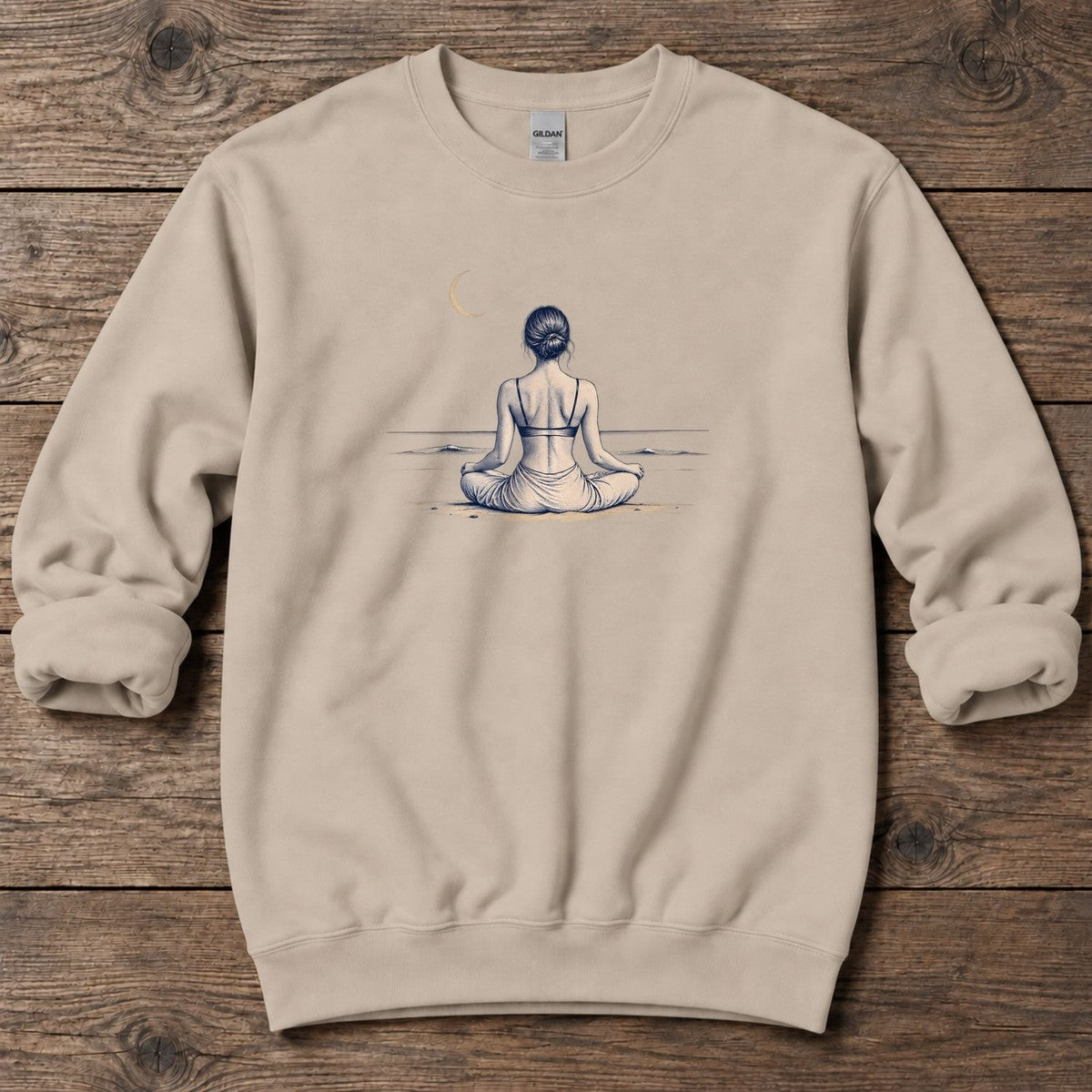 Moonlit Beach Meditation Midweight Sweatshirt in Sand, Salty Paws Midweight Sweatshirt, front design flat lay
