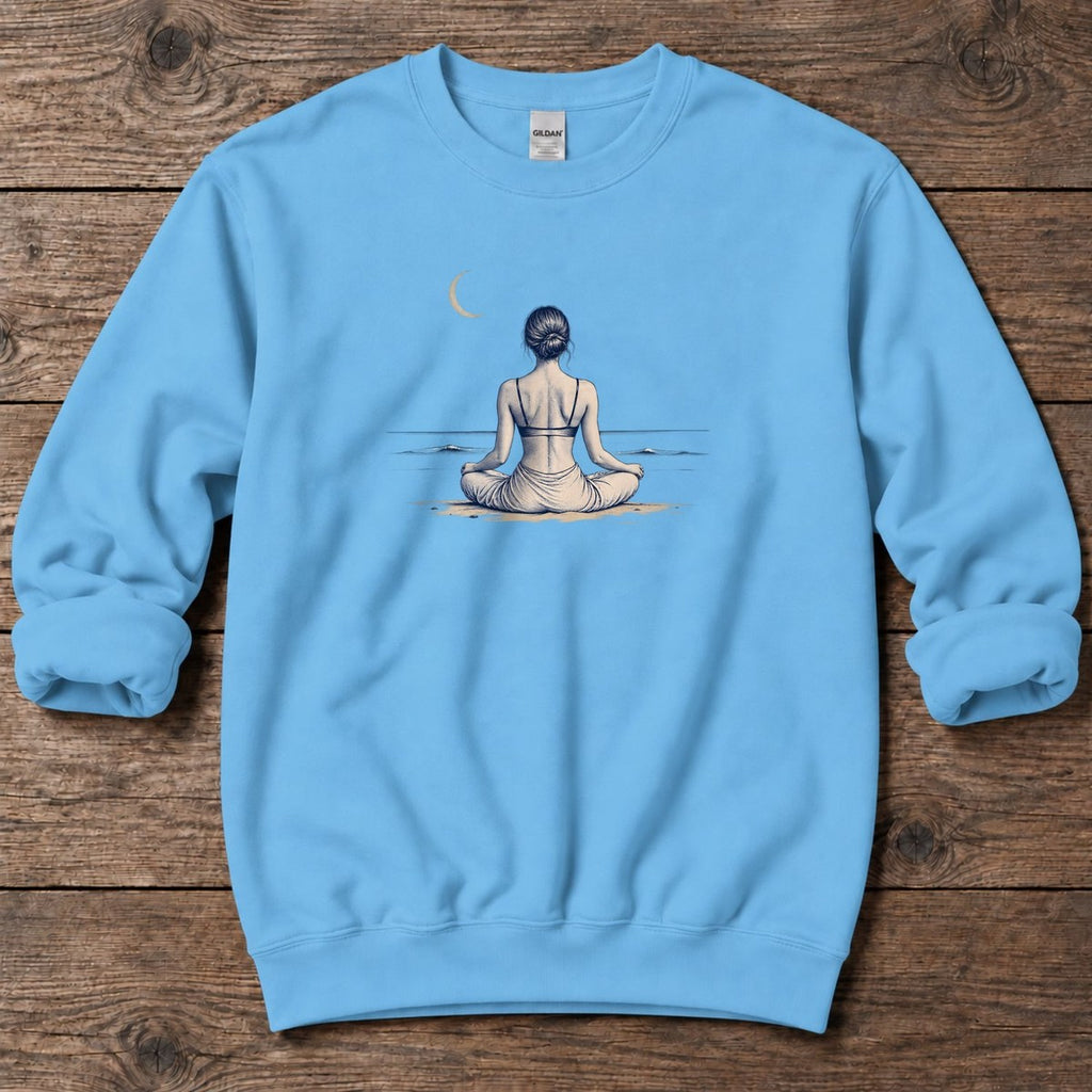 Moonlit Beach Meditation Midweight Sweatshirt in Sky, Salty Paws Midweight Sweatshirt, front design flat lay