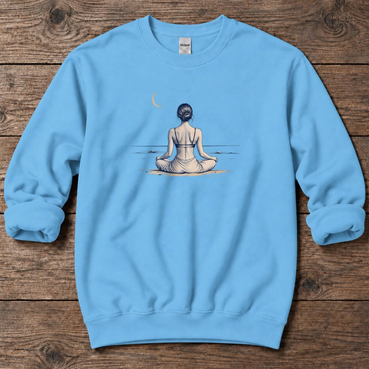 Moonlit Beach Meditation Midweight Sweatshirt in Sky, Salty Paws Midweight Sweatshirt, front design flat lay