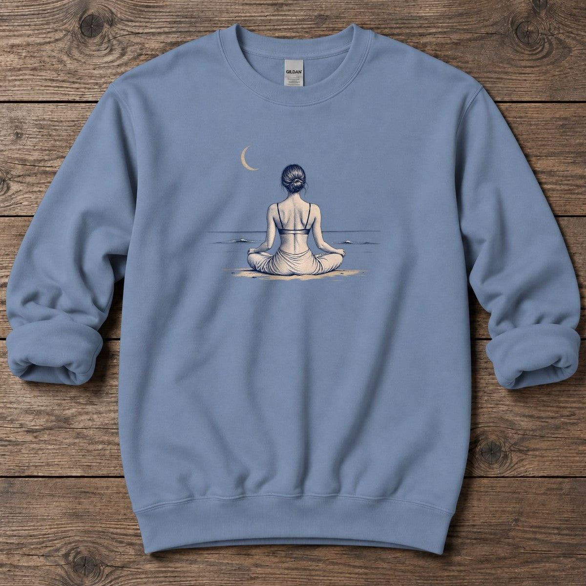 Moonlit Beach Meditation Midweight Sweatshirt in Stone Blue, Salty Paws Midweight Sweatshirt, front design flat lay