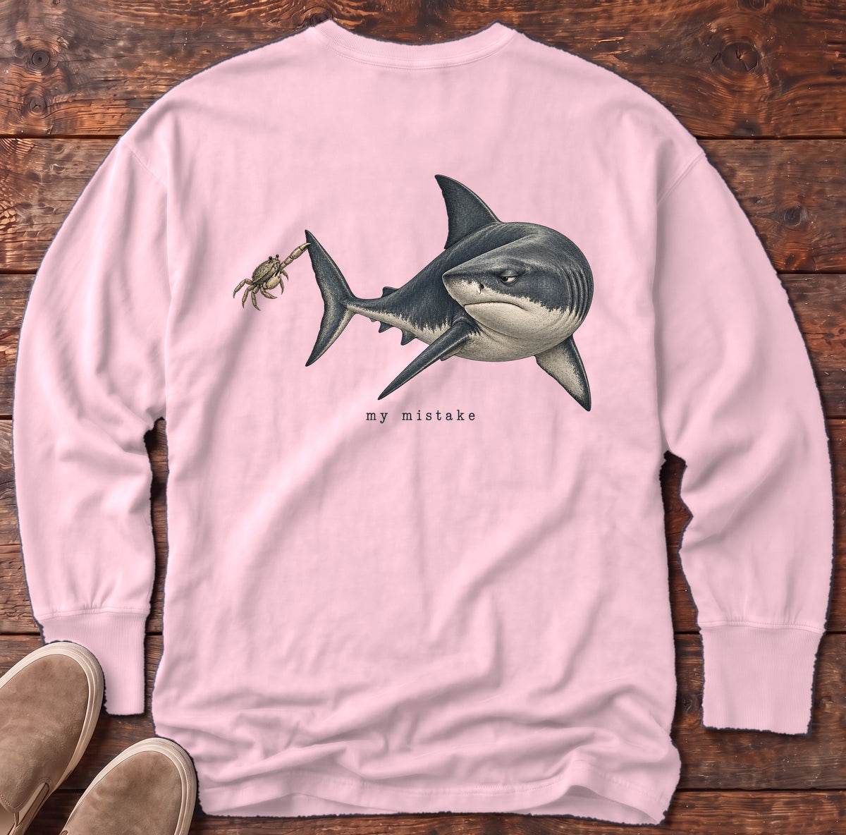 My Mistake Shark Back Design Long Sleeve Tee Comfort Colors in Blossom, Salty Paws Comfort Colors Long Sleeve Tee, back design flat lay