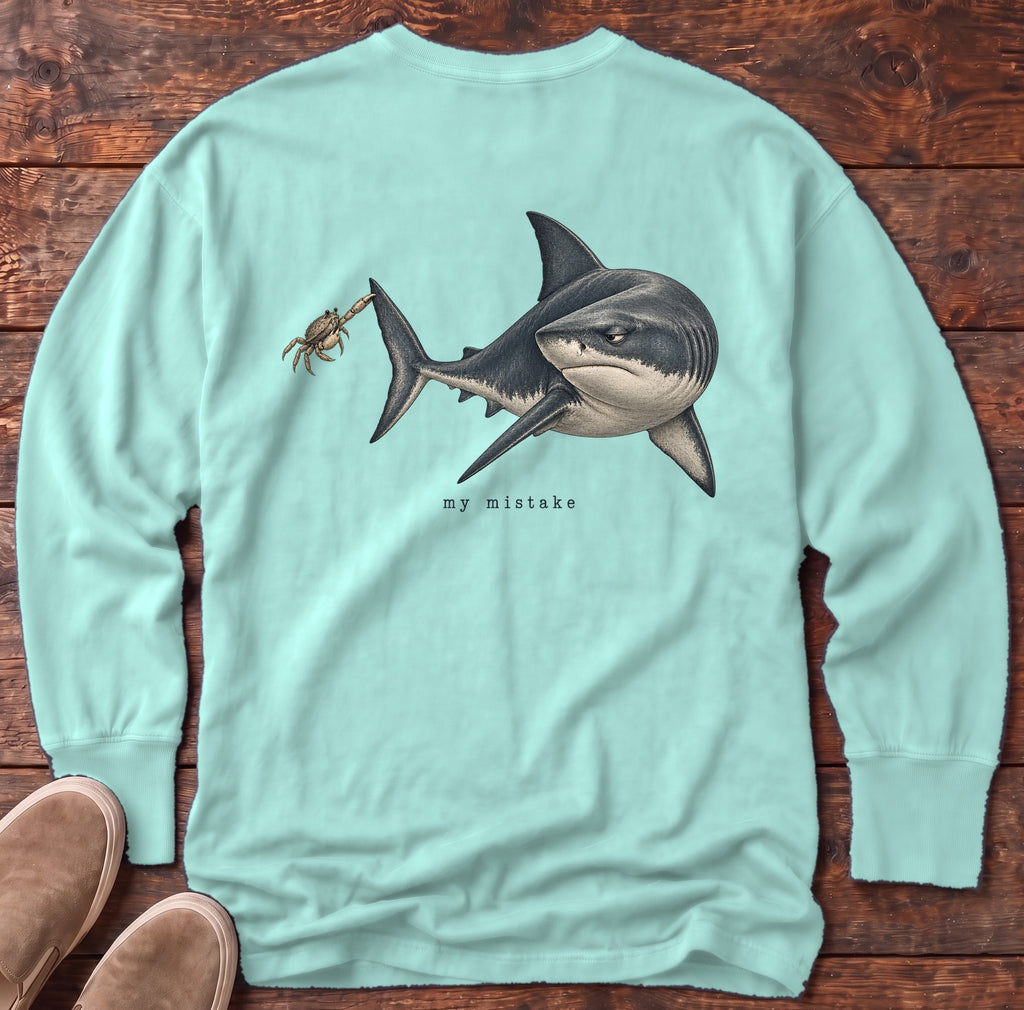 My Mistake Shark Back Design Long Sleeve Tee Comfort Colors in Chalky Mint, Salty Paws Comfort Colors Long Sleeve Tee, back design flat lay