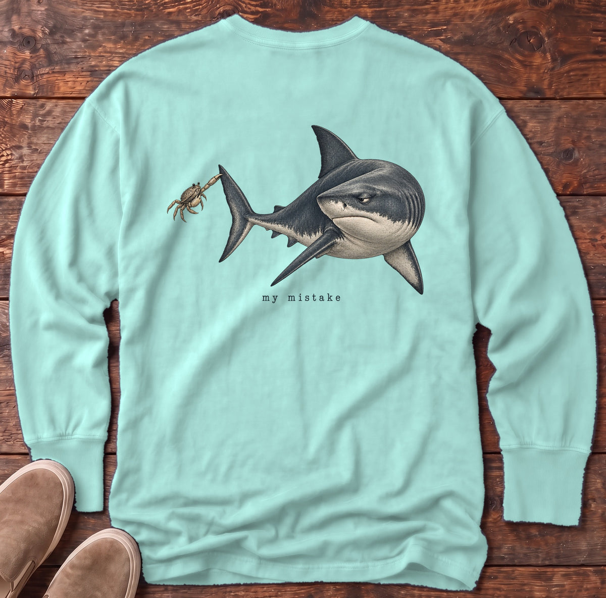 My Mistake Shark Back Design Long Sleeve Tee Comfort Colors in Chalky Mint, Salty Paws Comfort Colors Long Sleeve Tee, back design flat lay