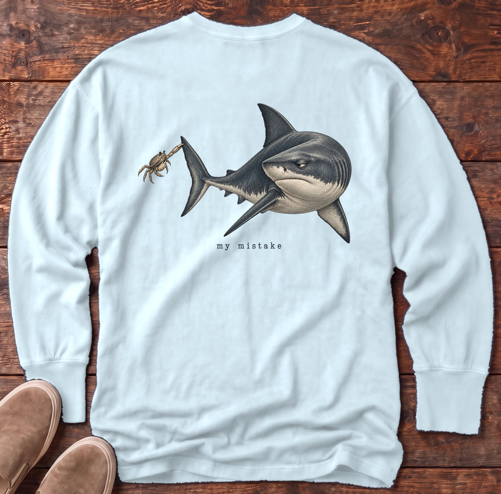 My Mistake Shark Back Design Long Sleeve Tee Comfort Colors in Chambray, Salty Paws Comfort Colors Long Sleeve Tee, back design flat lay