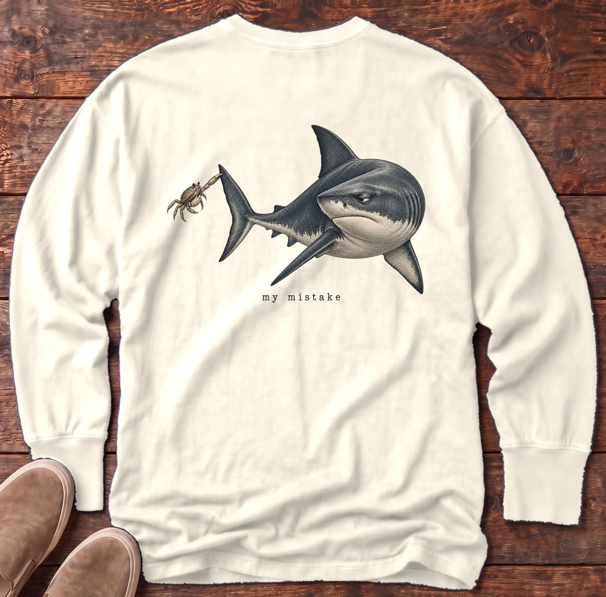 My Mistake Shark Back Design Long Sleeve Tee Comfort Colors in Ivory, Salty Paws Comfort Colors Long Sleeve Tee, back design flat lay