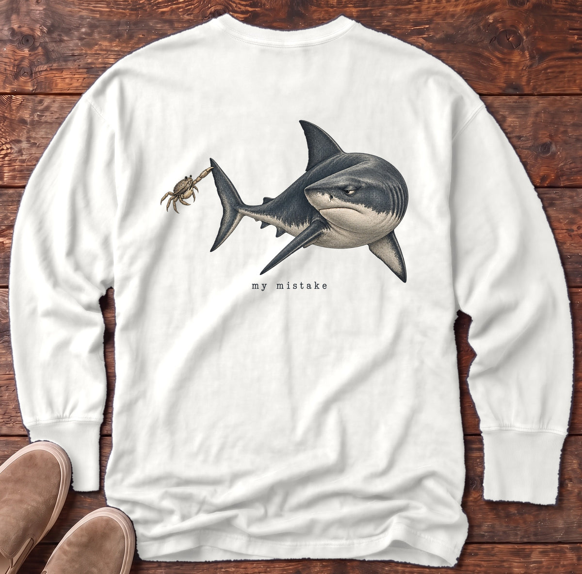 My Mistake Shark Back Design Long Sleeve Tee Comfort Colors in White, Salty Paws Comfort Colors Long Sleeve Tee, back design flat lay