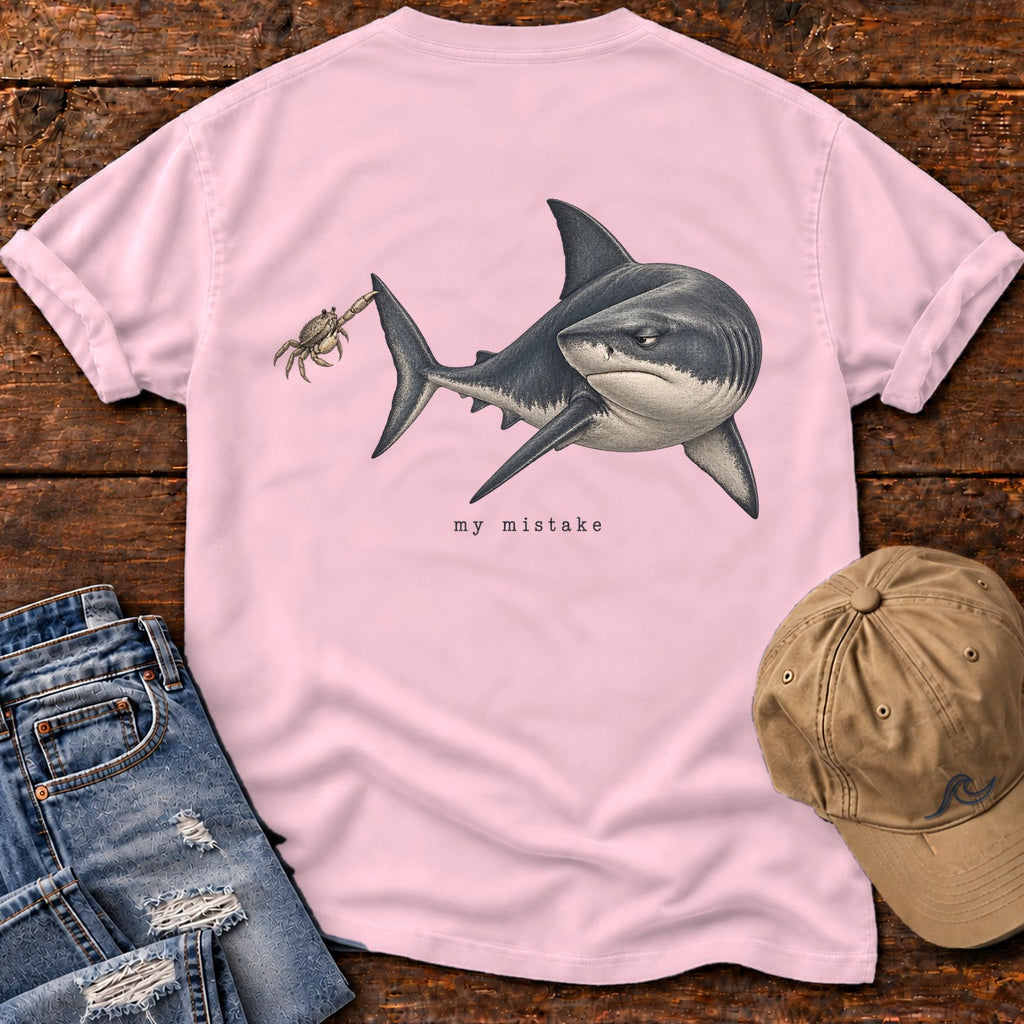 My Mistake Shark Back Design T-Shirt Comfort Colors in Blossom, Salty Paws Comfort Colors T-Shirt, back design flat lay