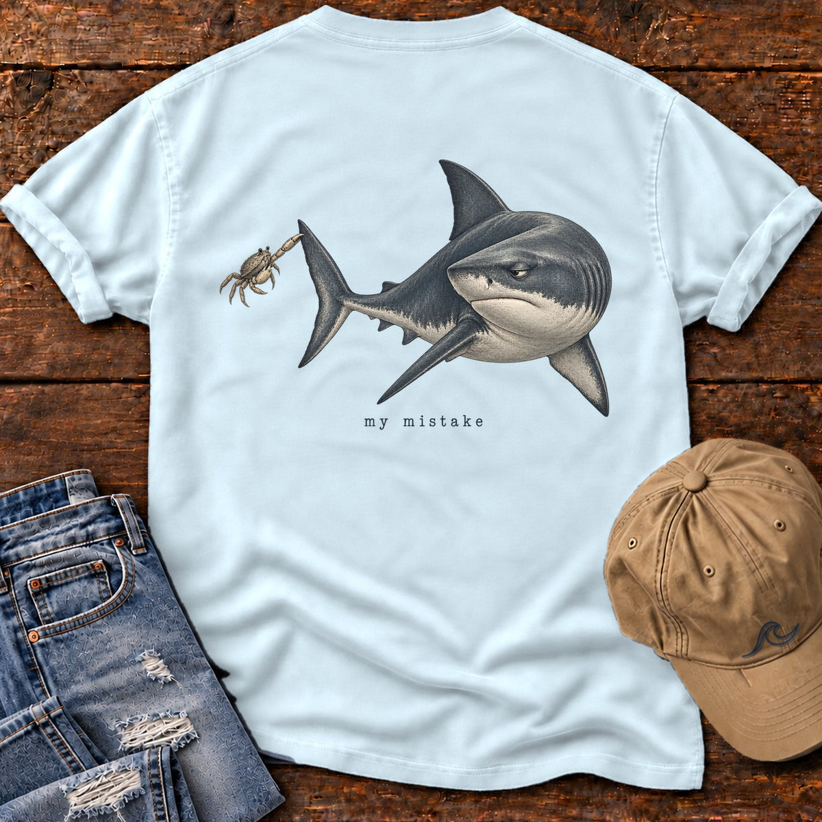 My Mistake Shark Back Design T-Shirt Comfort Colors in Chambray, Salty Paws Comfort Colors T-Shirt, back design flat lay