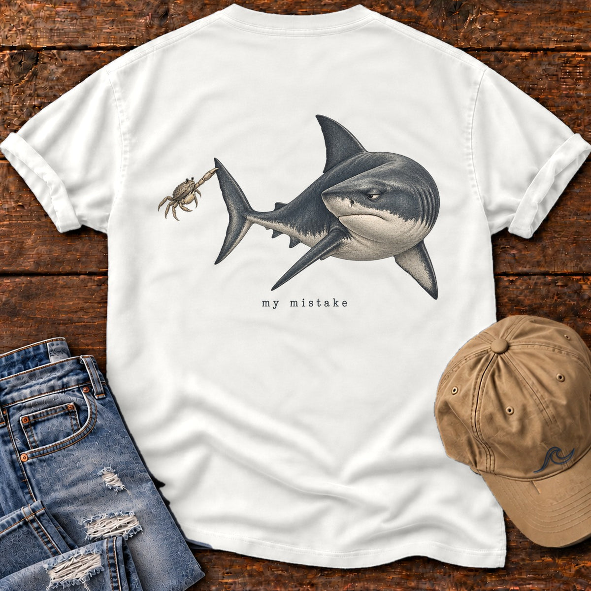 My Mistake Shark Back Design T-Shirt Comfort Colors in White, Salty Paws Comfort Colors T-Shirt, back design flat lay
