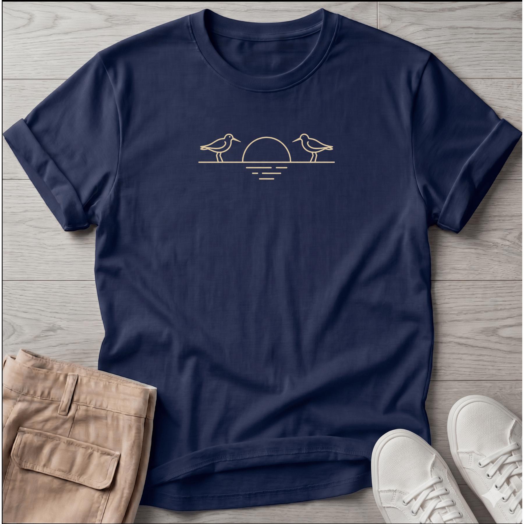 Shorebirds & Sunset T-Shirt — Beach Dog Line Art Tee - coastal bird graphic t-shirt, Salty Paws