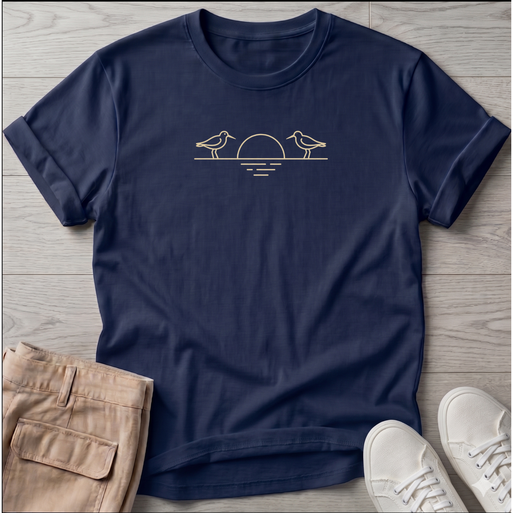Shorebirds & Sunset T-Shirt — Beach Dog Line Art Tee