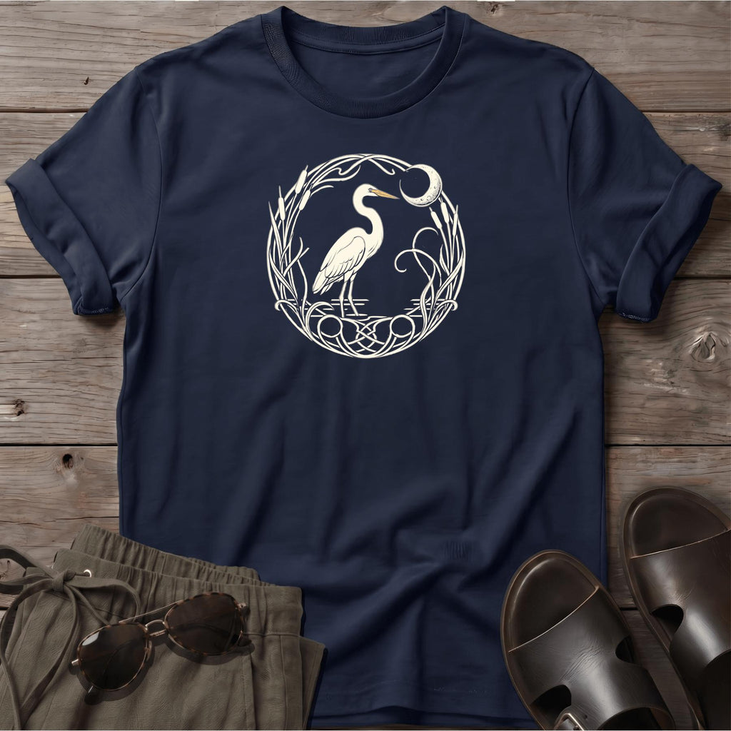 Egret Moon T-Shirt — Beach Line Art Tee - coastal bird graphic t-shirt, Salty Paws