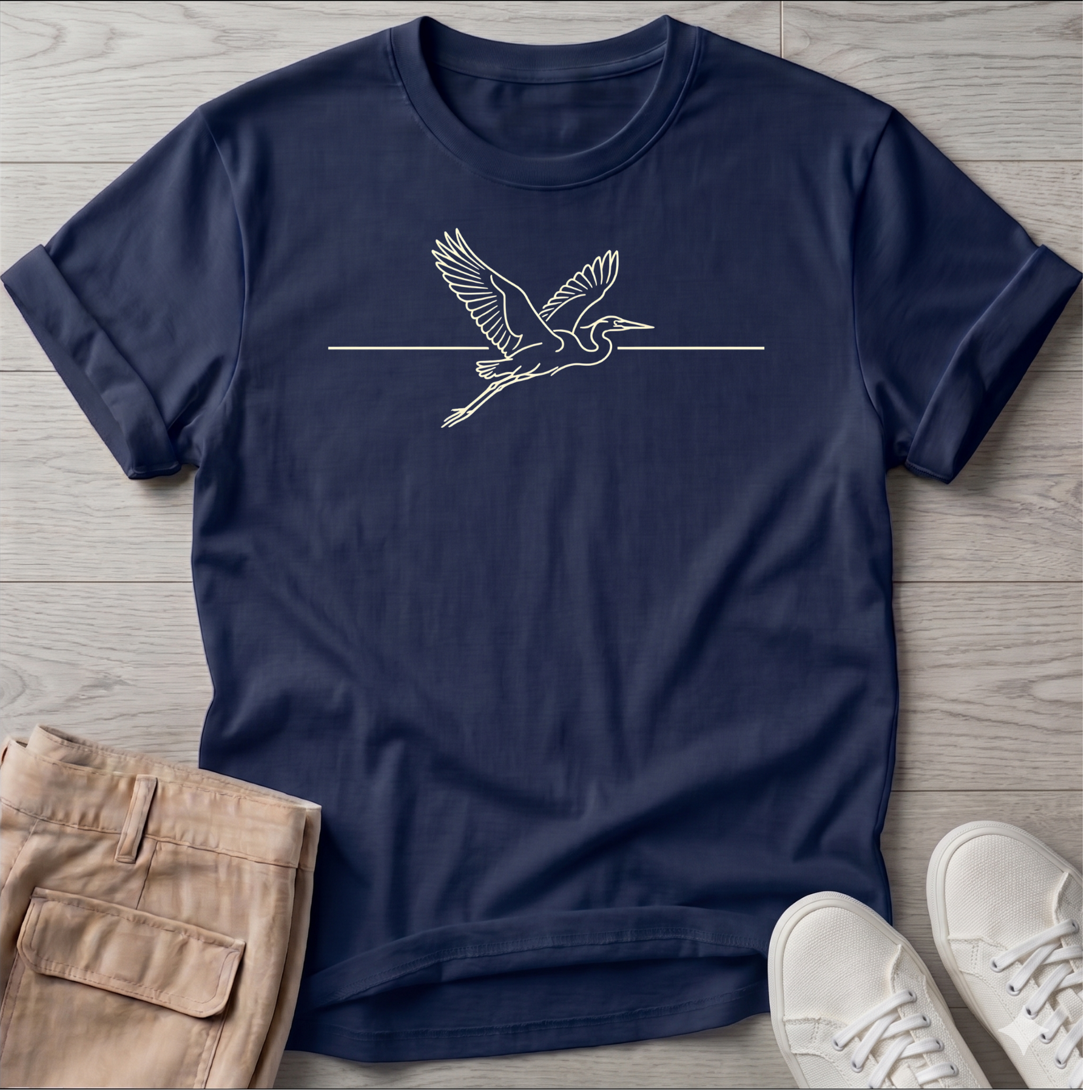 Great Heron Flight Beach Ocean Line Art Tee