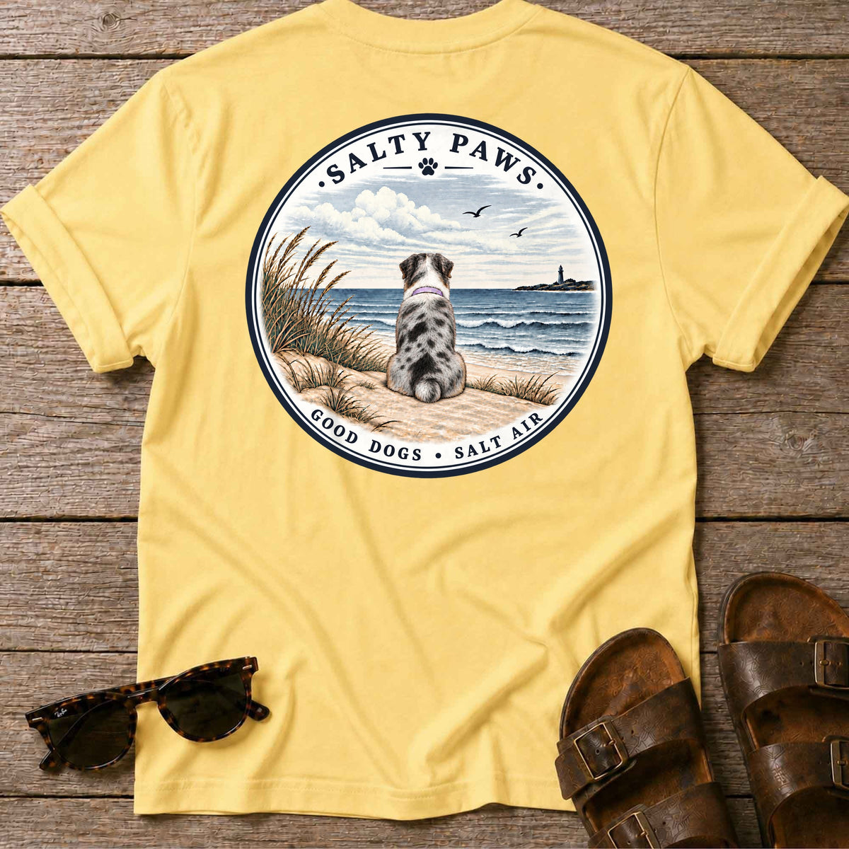 Never Swim Alone Aussie Back T-Shirt in Daisy, back view, Salty Paws coastal t-shirt