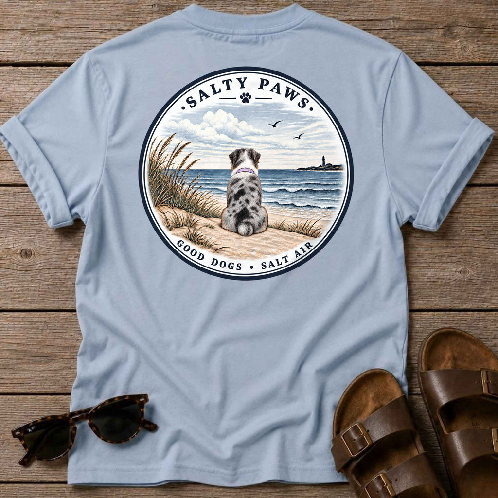 Never Swim Alone Aussie Back T-Shirt in Light Blue, back view, Salty Paws coastal t-shirt