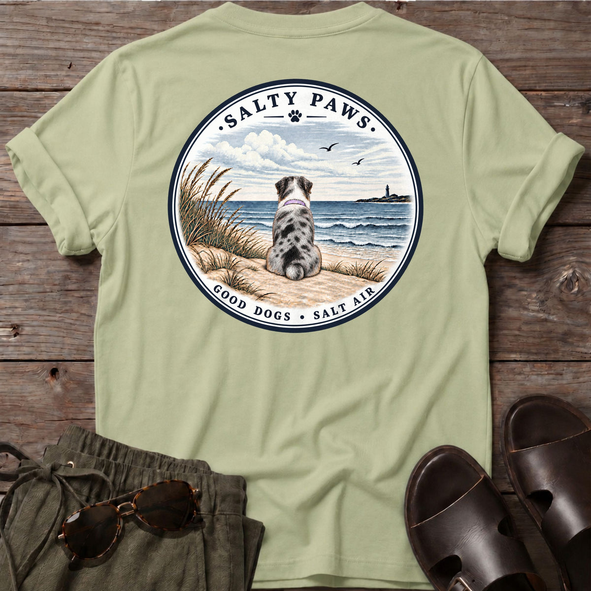 Never Swim Alone Aussie Back T-Shirt in Pistachio, back view, Salty Paws coastal t-shirt