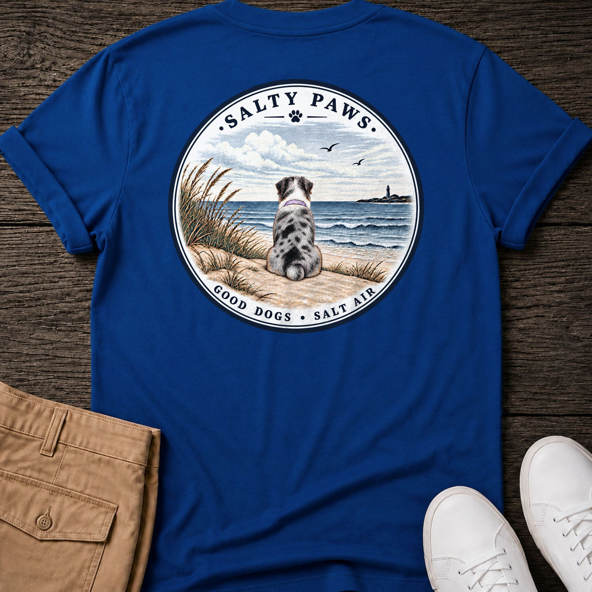Never Swim Alone Aussie Back T-Shirt in Royal, back view, Salty Paws coastal t-shirt