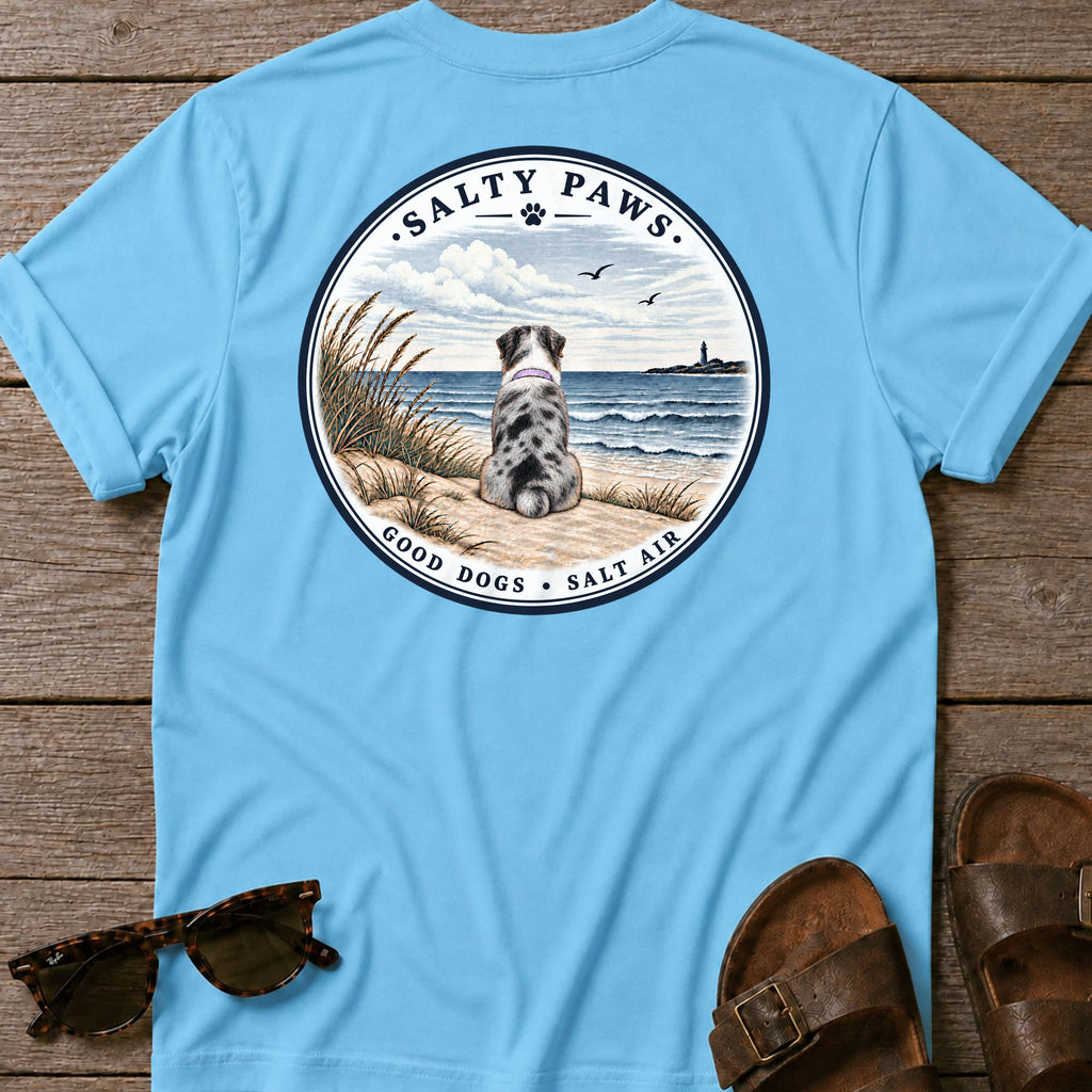 Never Swim Alone Aussie Back T-Shirt in Sky, back view, Salty Paws coastal t-shirt