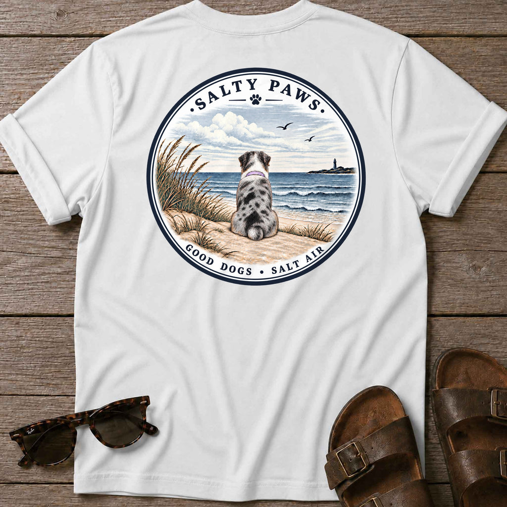 Never Swim Alone Aussie Back T-Shirt in White, back view, Salty Paws coastal t-shirt