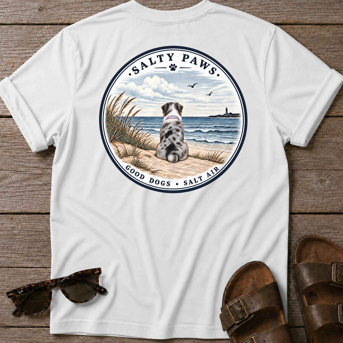 Never Swim Alone Aussie Back T-Shirt in White, back view, Salty Paws coastal t-shirt