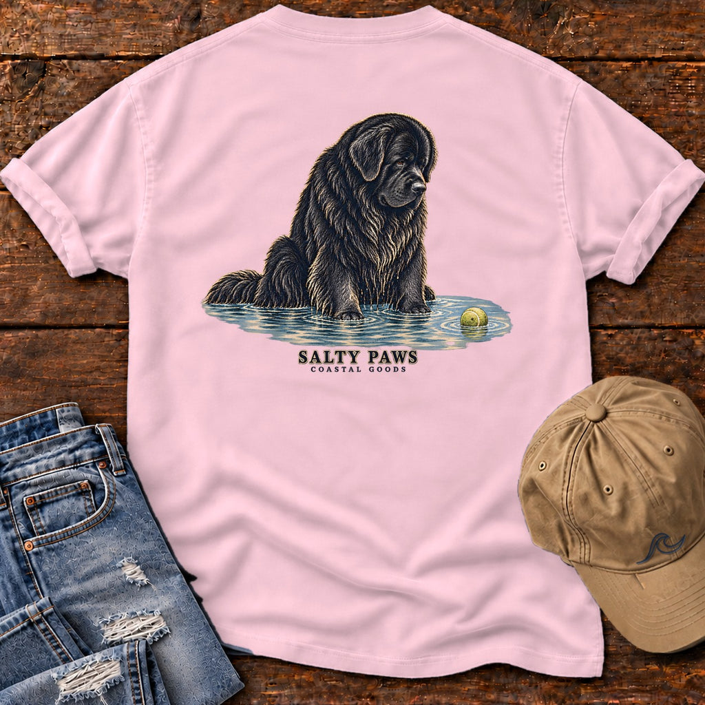 Newfoundland Ball Back Design T-Shirt in Blossom, Salty Paws Comfort Colors T-Shirt, back design flat lay