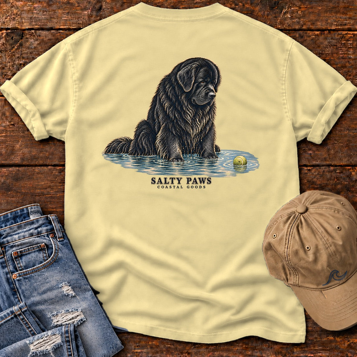 Newfoundland Ball Back Design T-Shirt in Butter, Salty Paws Comfort Colors T-Shirt, back design flat lay