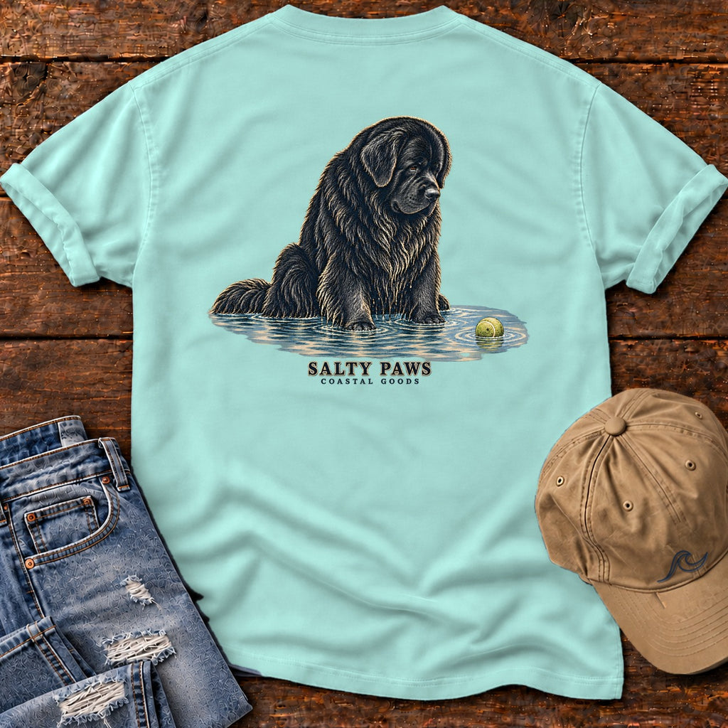 Newfoundland Ball Back Design T-Shirt in Chalky Mint, Salty Paws Comfort Colors T-Shirt, back design flat lay