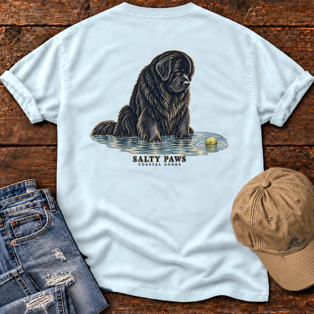 Newfoundland Ball Back Design T-Shirt in Chambray, Salty Paws Comfort Colors T-Shirt, back design flat lay