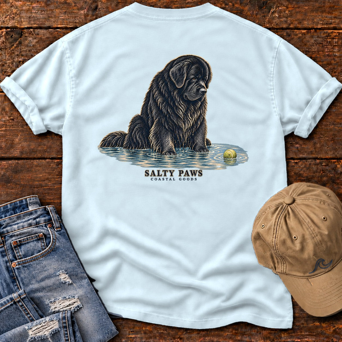 Newfoundland Ball Back Design T-Shirt in Chambray, Salty Paws Comfort Colors T-Shirt, back design flat lay