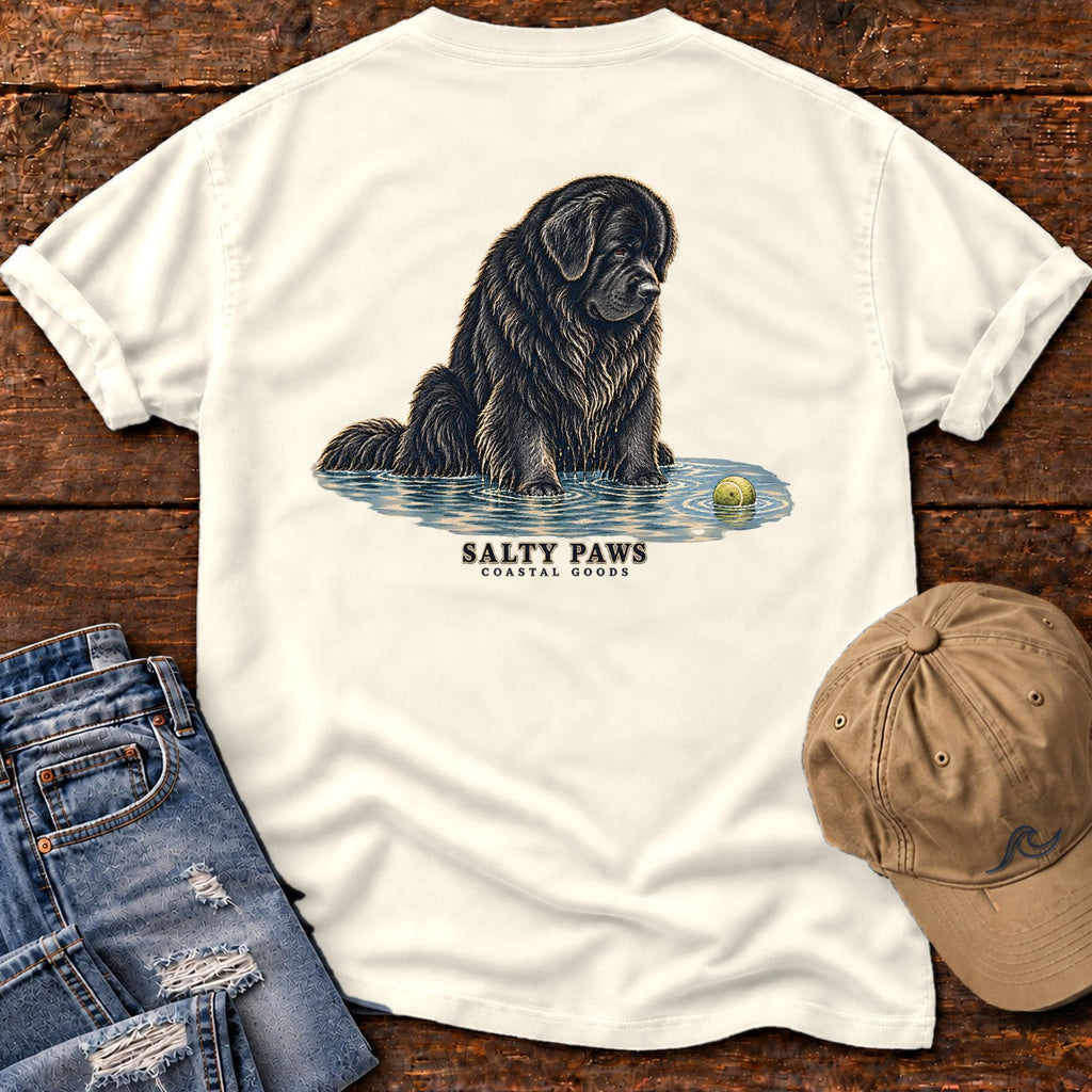Newfoundland Ball Back Design T-Shirt in Ivory, Salty Paws Comfort Colors T-Shirt, back design flat lay