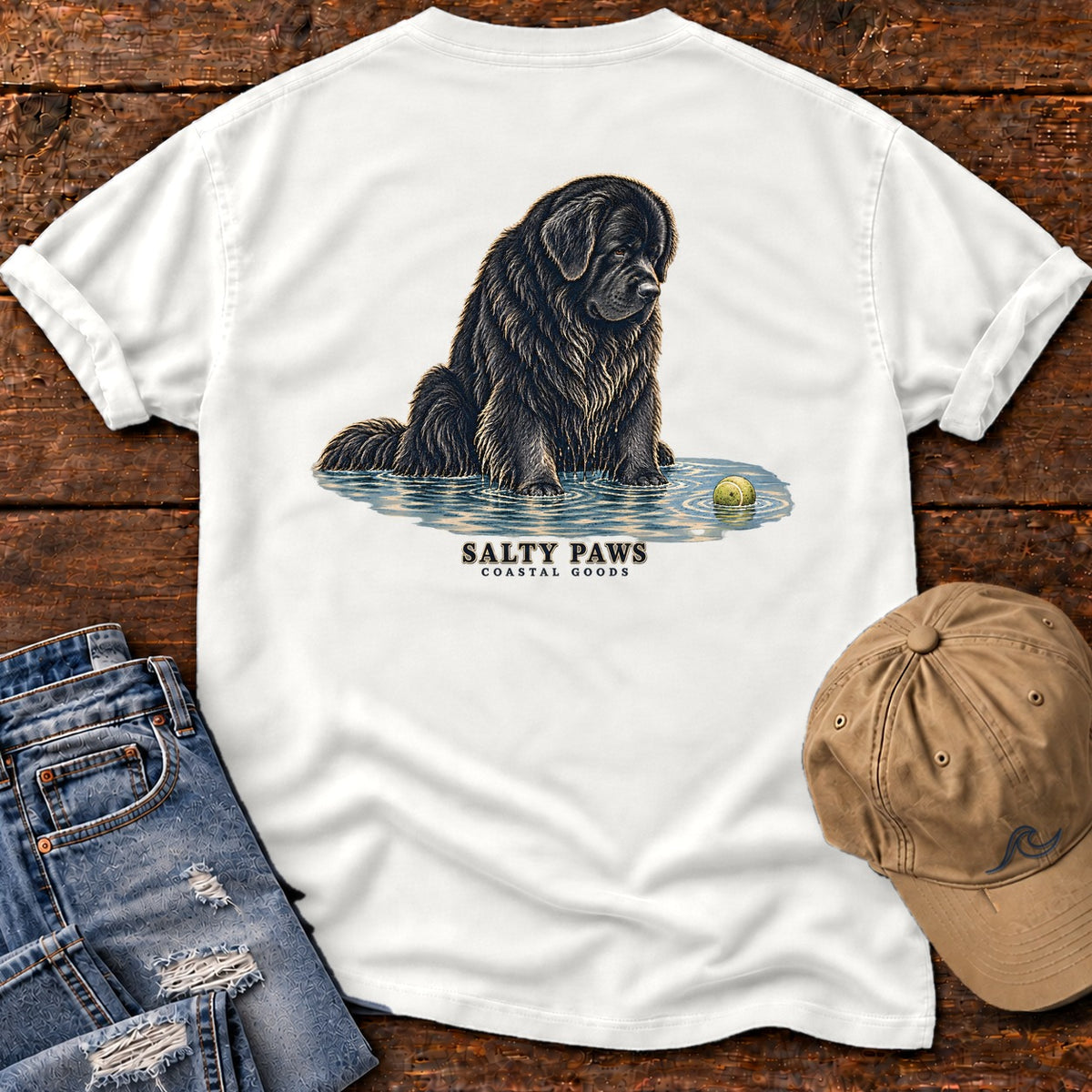 Newfoundland Ball Back Design T-Shirt in White, Salty Paws Comfort Colors T-Shirt, back design flat lay