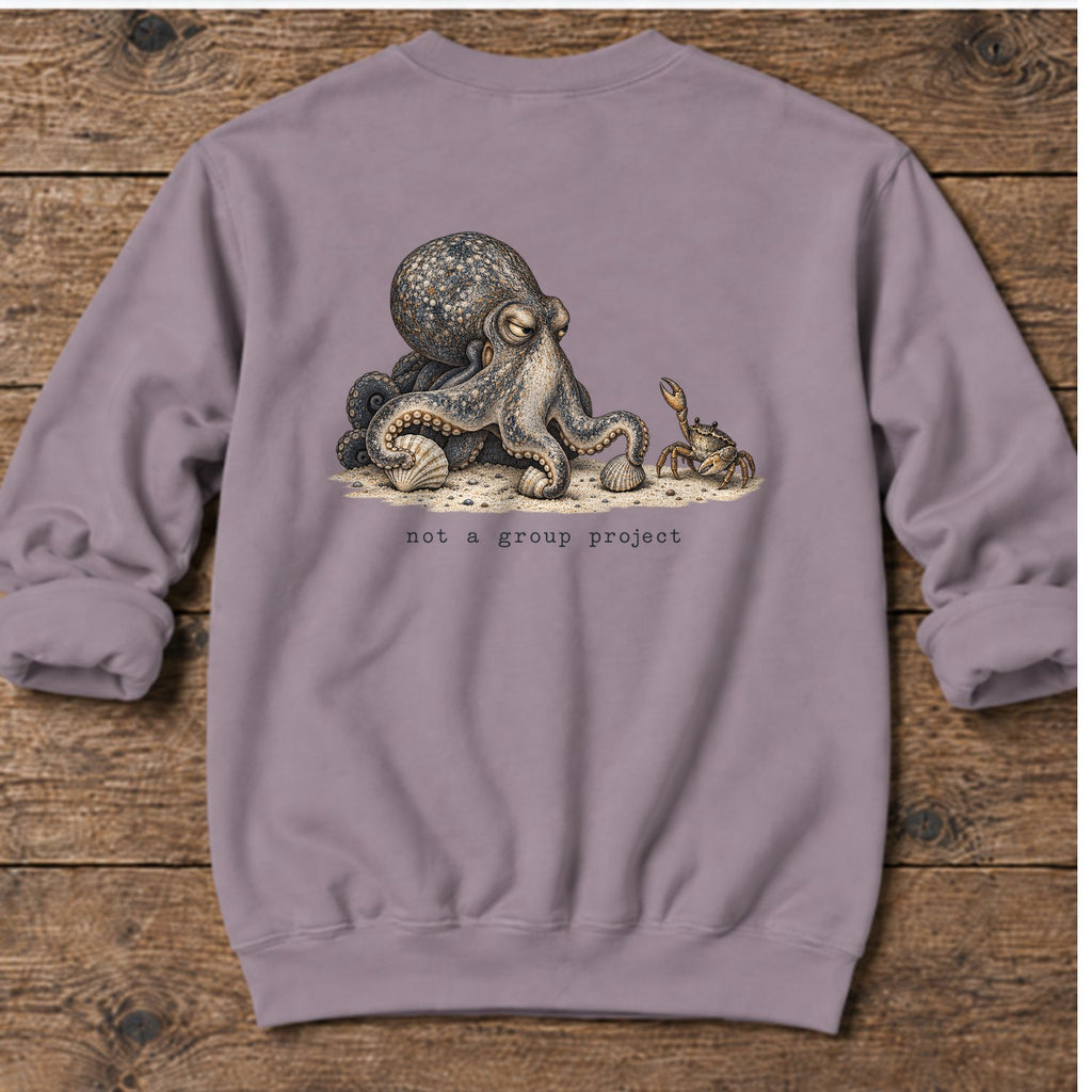 Not a Group Project Octopus Back Design Midweight Sweatshirt in Paragon, Salty Paws Midweight Sweatshirt, back design flat lay