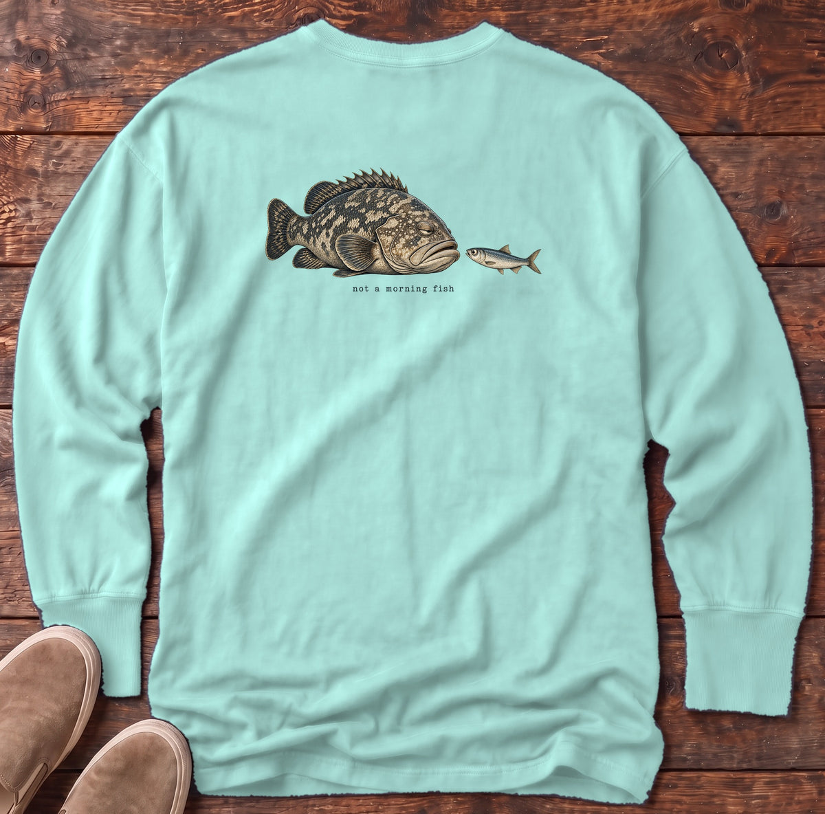 Not a Morning Fish Grouper Back Design Long Sleeve Tee Comfort Colors in Chalky Mint, Salty Paws Comfort Colors Long Sleeve Tee, back design flat lay