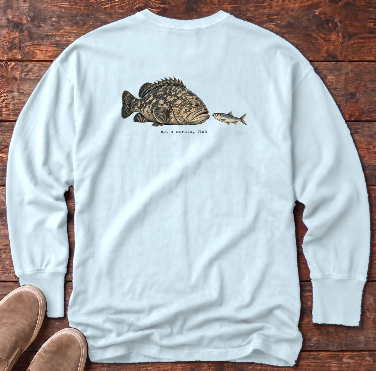 Not a Morning Fish Grouper Back Design Long Sleeve Tee Comfort Colors in Chambray, Salty Paws Comfort Colors Long Sleeve Tee, back design flat lay