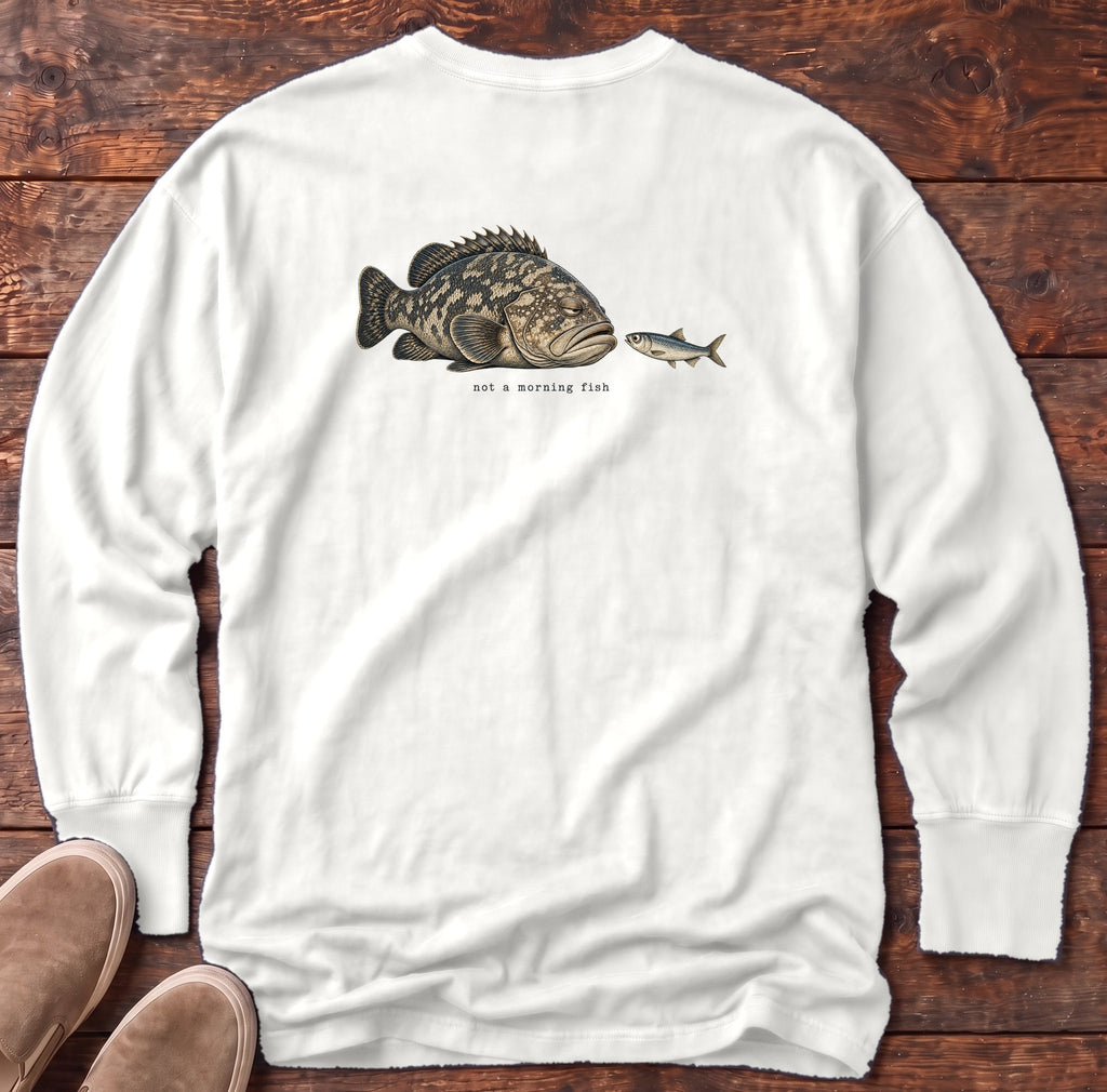 Not a Morning Fish Grouper Back Design Long Sleeve Tee Comfort Colors in White, Salty Paws Comfort Colors Long Sleeve Tee, back design flat lay
