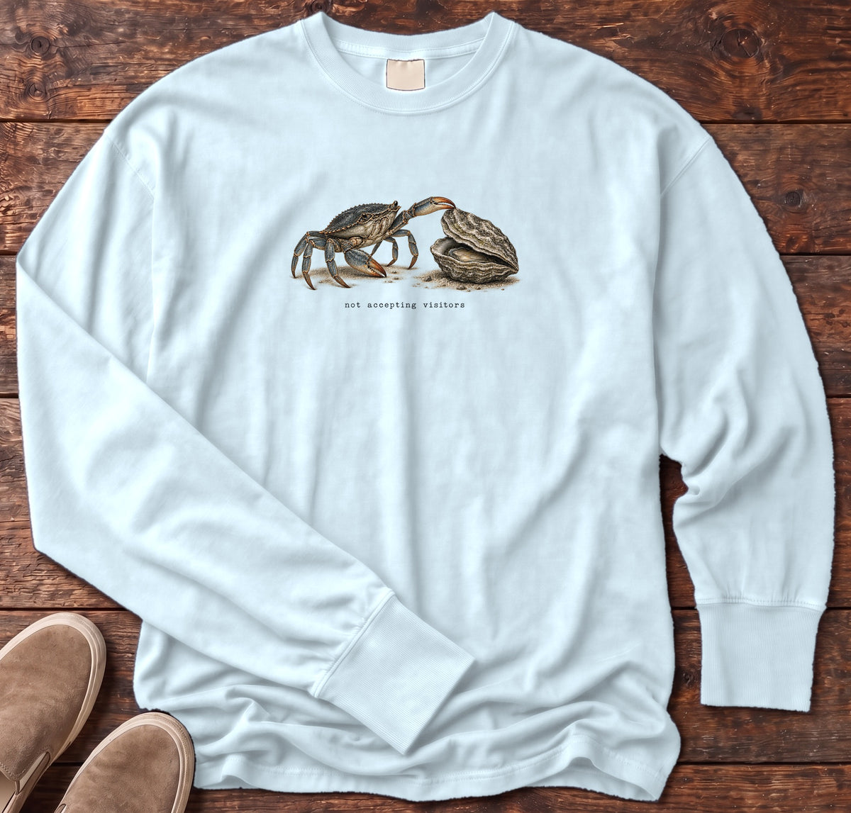 Not Accepting Visitors Oyster Long Sleeve Tee Comfort Colors in Chambray, Salty Paws Comfort Colors Long Sleeve Tee, front design flat lay