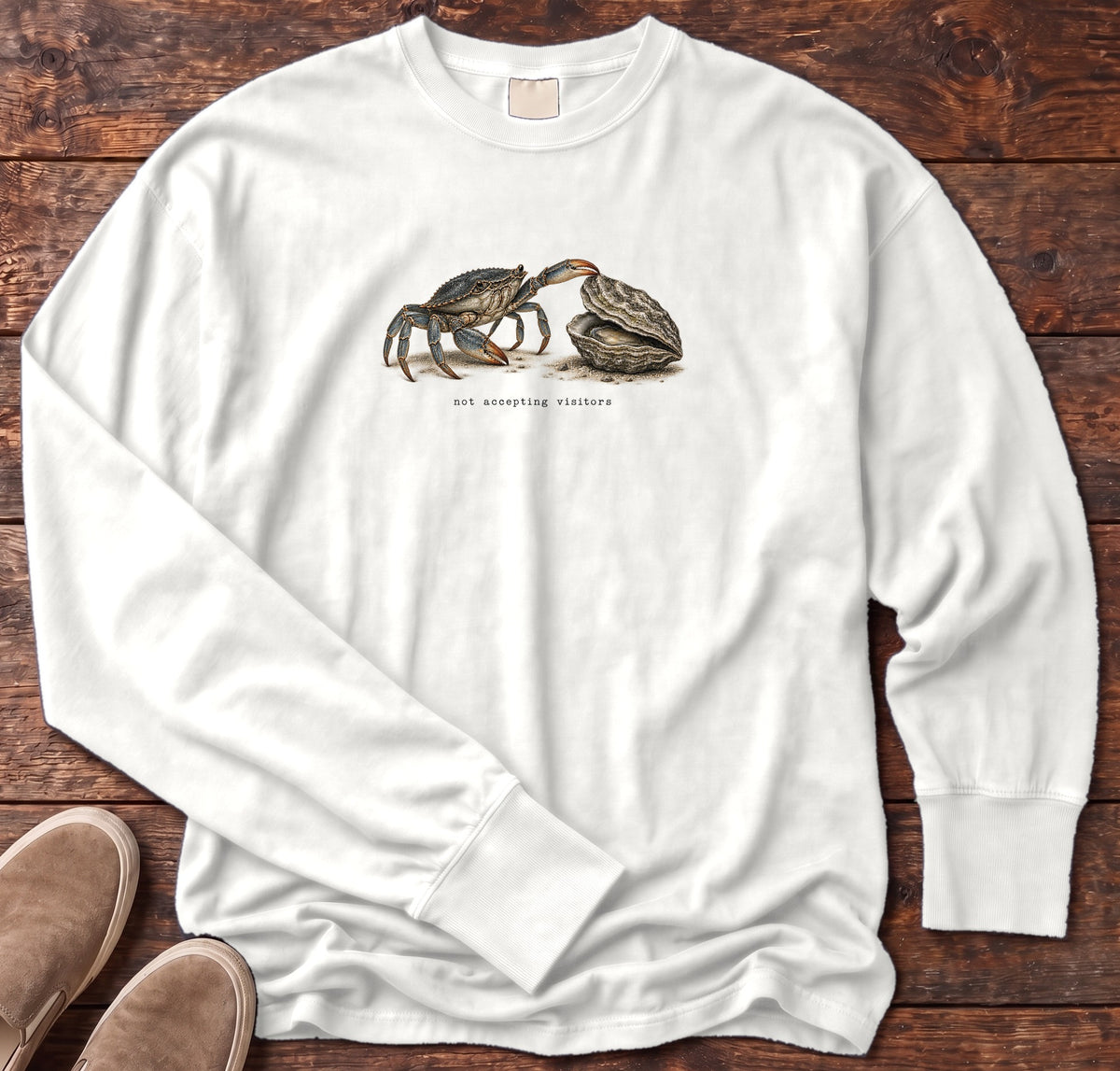 Not Accepting Visitors Oyster Long Sleeve Tee Comfort Colors in White, Salty Paws Comfort Colors Long Sleeve Tee, front design flat lay