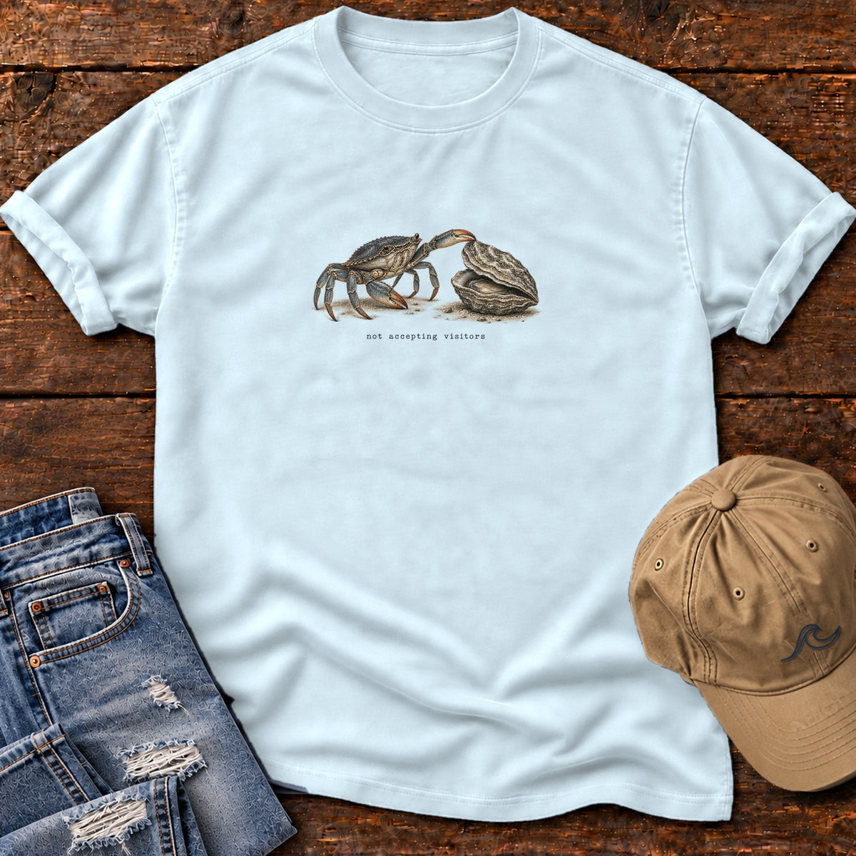 Not Accepting Visitors Oyster T-Shirt Comfort Colors in Chambray, Salty Paws Comfort Colors T-Shirt, front design flat lay