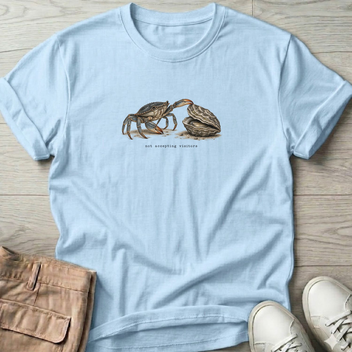 Not Accepting Visitors Oyster T-Shirt in Light Blue, Salty Paws Soft Style T-Shirt, front design flat lay