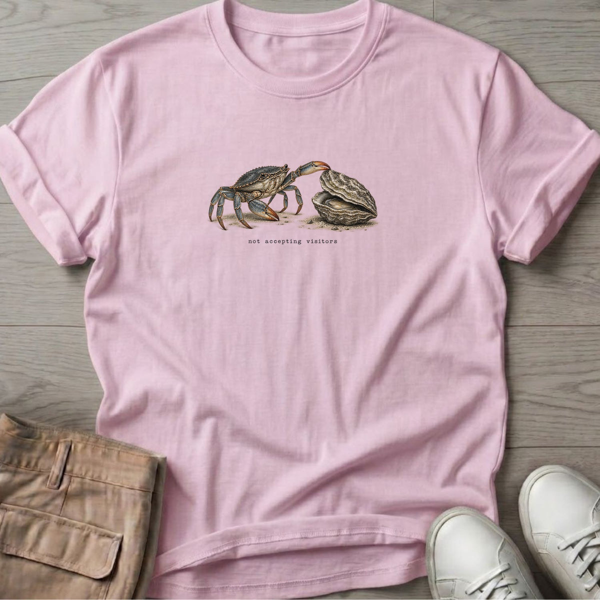Not Accepting Visitors Oyster T-Shirt in Light Pink, Salty Paws Soft Style T-Shirt, front design flat lay