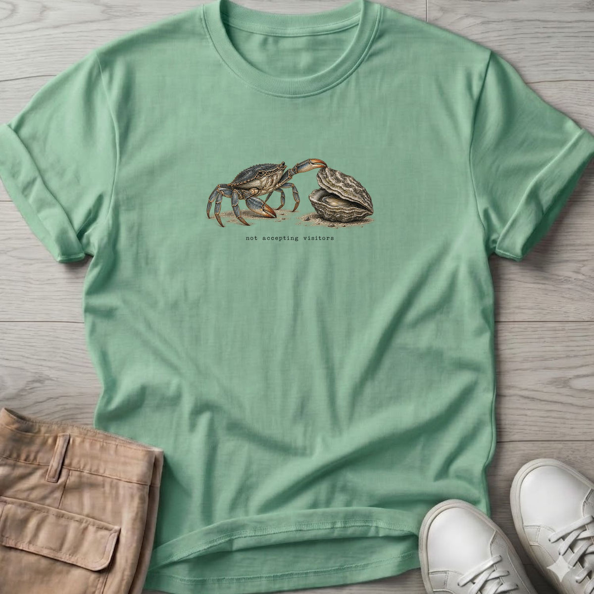 Not Accepting Visitors Oyster T-Shirt in Mint Green, Salty Paws Soft Style T-Shirt, front design flat lay