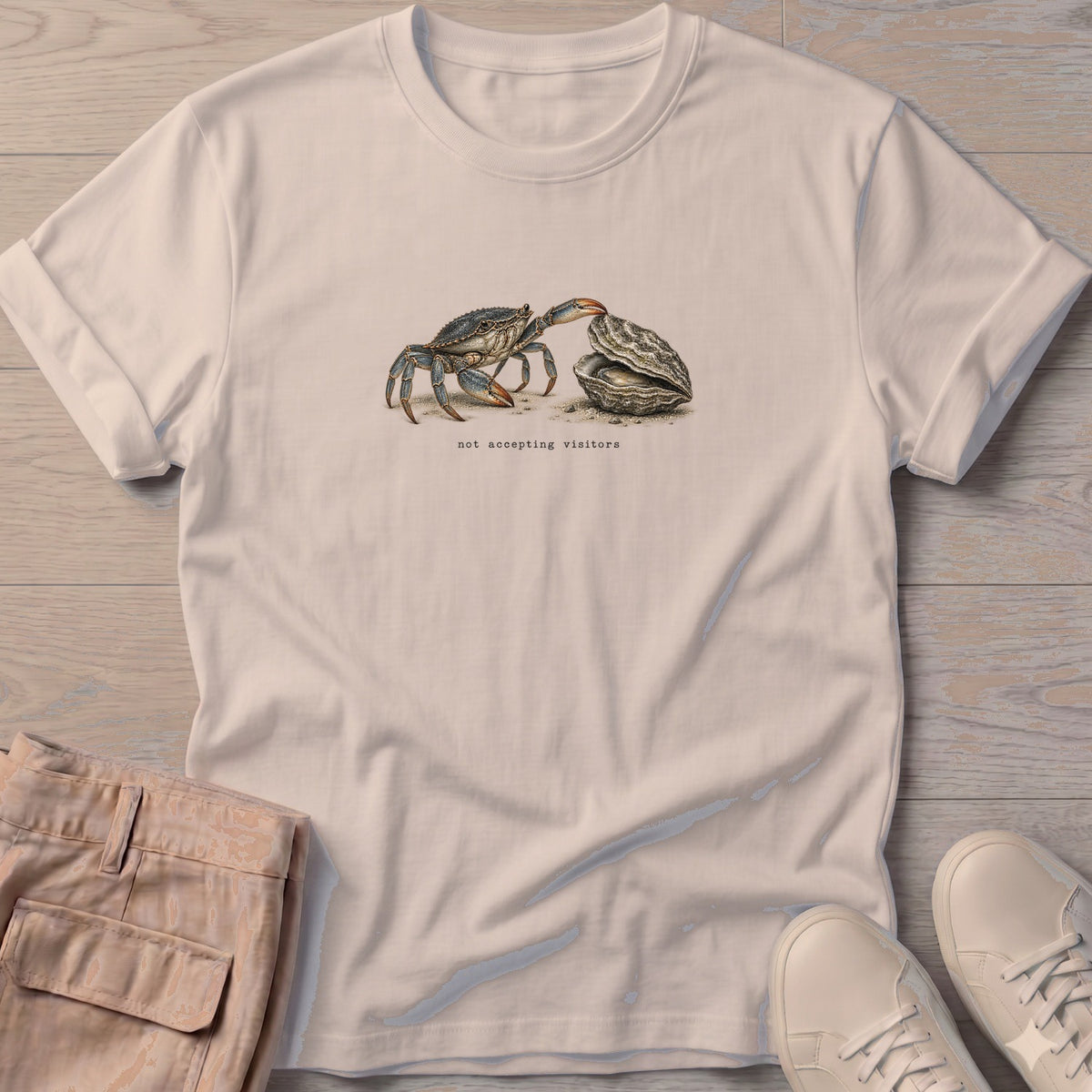 Not Accepting Visitors Oyster T-Shirt in Sand, Salty Paws Soft Style T-Shirt, front design flat lay