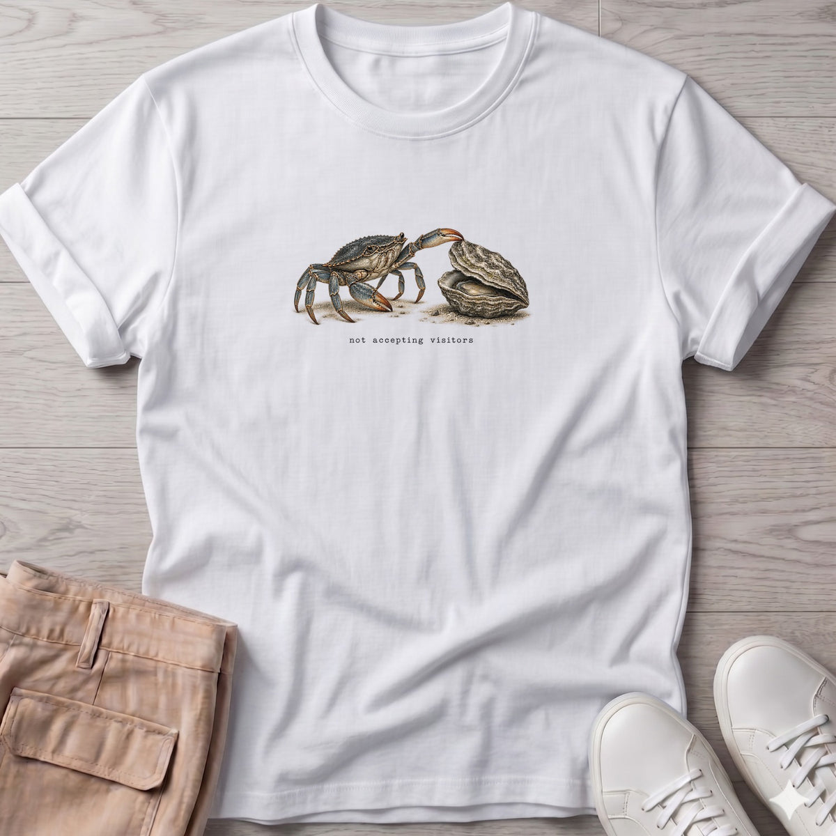 Not Accepting Visitors Oyster T-Shirt in White, Salty Paws Soft Style T-Shirt, front design flat lay